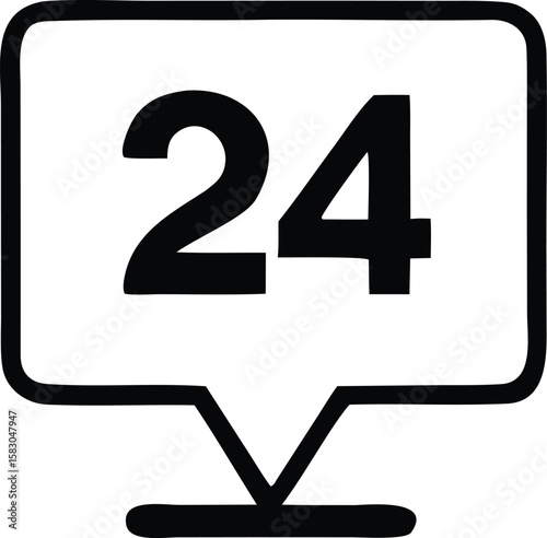 Bold black number twenty four inside a speech bubble icon on a white background representing constant availability or a significant quantity