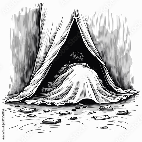 Teenager hiding in blanket fort in messy room feeling withdrawn  