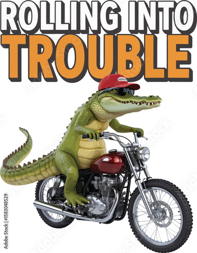Cool alligator wearing sunglasses and a baseball cap rides a motorcycle with text rolling into trouble Vector Graphic T Shirt Design