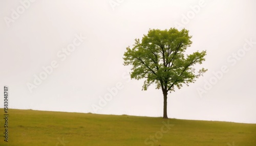 Solitary tree on a grassy hill under a cloudy sky, minimalistic nature scene