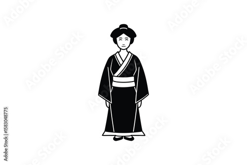 Elegant Geisha in Traditional Kimono Standing Gracefully with a Serene Smile in Black and White Silhouette simple silhouette illustration geisha kimono The