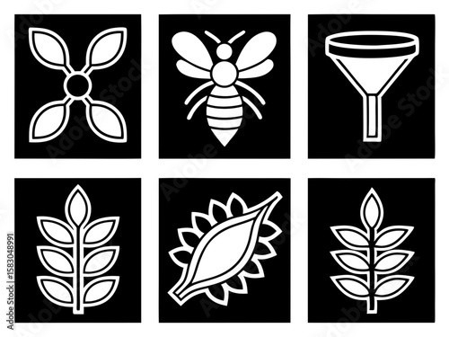 Set of six black and white icons representing nature and science concepts