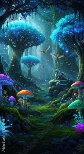 Enchanted forest with glowing mushrooms dragon and flying creatures