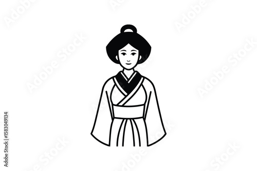 Elegant Japanese Woman in Traditional Kimono Expressing Serenity and Grace Presented as a Clean Minimalist Silhouette on a White Background silhouette minimalist