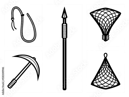 Collection of primitive tools and weapons for hunting and survival