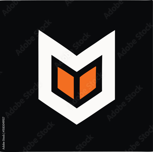 Abstract geometric logo design featuring an open book symbol with orange pages and white outline on a black background