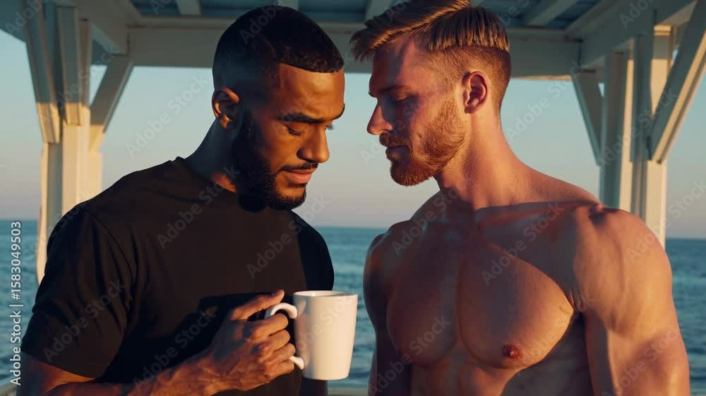 Men couple drinking coffee by sea at sunset warm lighting vacation