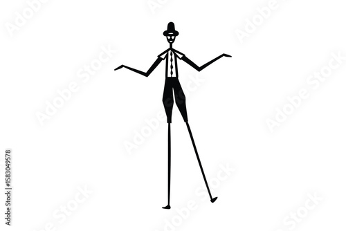 Abstract Figure with Top Hat and Long Legs Balancing with Arms Outstretched in a Striking Silhouette This image features unique silhouette tall