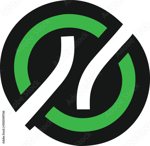 Abstract circular logo design featuring intersecting white lines and vibrant green arcs on a black background