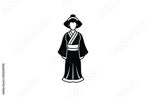 Elegant Woman in Traditional Kimono Silhouette with Wide Sleeves and Decorative Hairpiece on a White Background silhouette striking woman traditional kimono decorative