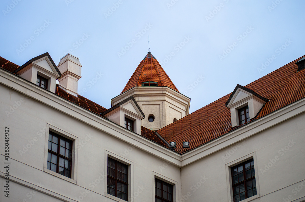 Bratislava Castle is massive rectangular building with four corner towers stands on an isolated rocky hill of the Little Carpathians in Bratislava Bratislava Castle is massive rectangular building with four corner towers stands on an isolated rocky hill of the Little Carpathians in Bratislava