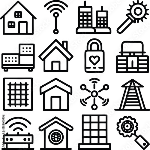 Collection of black and white outline icons depicting smart home technology and connectivity concepts for digital applications