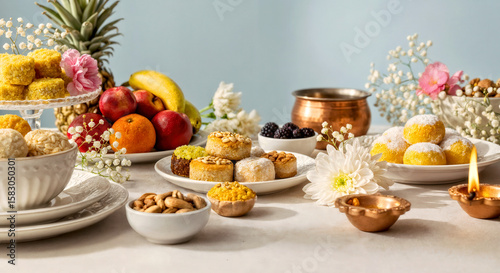 Vibrant Indian Festive Sweets and Fruits Display with Decorative Elements. Parsi New Year