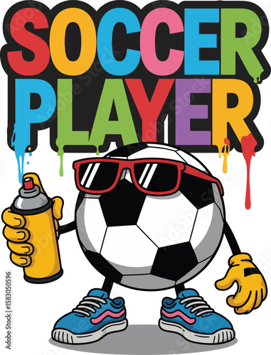 Cool cartoon soccer ball character with spray paint can and sunglasses Vector Graphic T Shirt Design