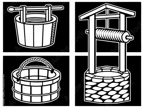 Collection of vintage water wells and buckets in simple white line art