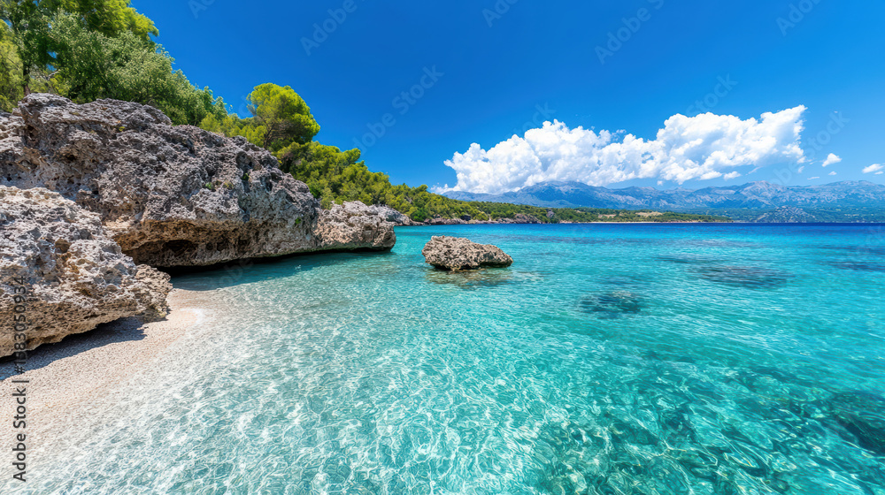 Fototapeta premium Crystal clear tropical ocean meets rocky coastline under bright blue sky