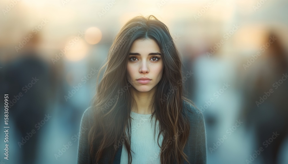 Obraz premium Lonely Figure in a Crowded City, Emphasizing Isolation and Sadness Amid Urban Chaos, Portrait