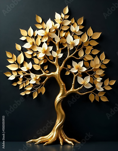 Golden tree with golden leaves on a dark background wall, luxurious and dramatic.