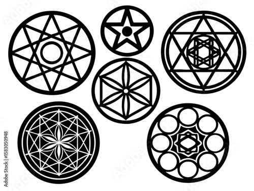 Collection of sacred geometry symbols in black and white outline