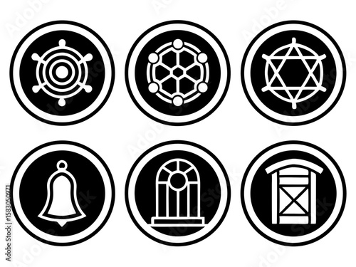 Collection of six circular black and white icons featuring various symbols