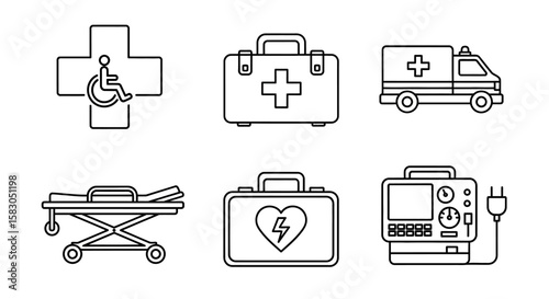 First aid and emergency medical icon set – ambulance, defibrillator, medical kit, and rescue tools in outline vector style