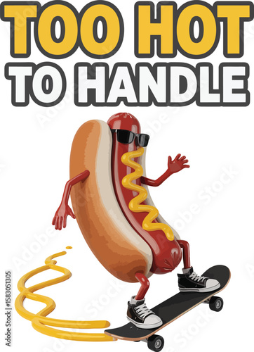 Cool hot dog character wearing sunglasses skateboarding with mustard trailing behind Vector Graphic T Shirt Design