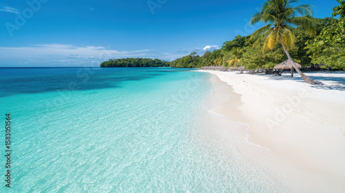 Secluded beach with turquoise water and white sand  surrounded by lush greenery and palm trees