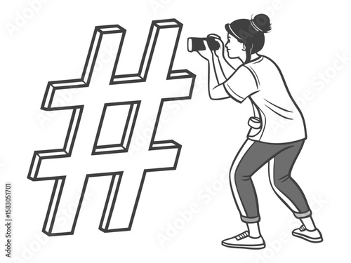 Woman with camera looking at a large hashtag symbol isolated on white background