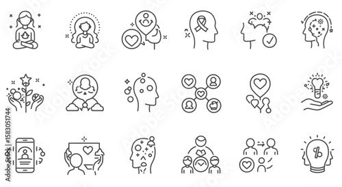 Mental health and emotional care line icon set – therapy, support, awareness, psychology, and people connection in flat outline vector style