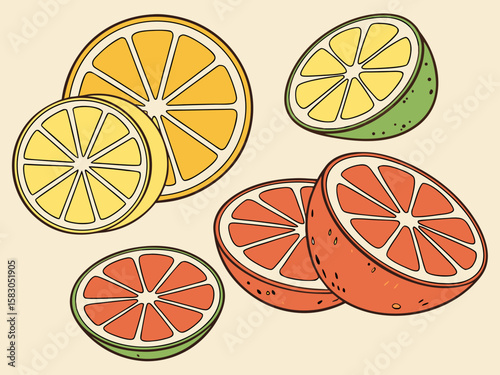 Assortment of citrus fruit slices isolated on white background