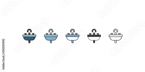 Vector Illustration of Bathroom Sink with Faucet in Different Color Variations This image showcases a set of four vector illustrations of a bathroom sink with a faucet.