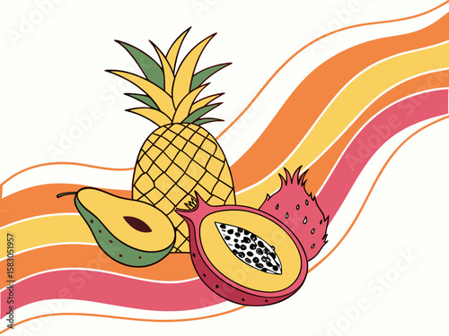 Vibrant tropical fruits pineapple avocado papaya dragon fruit isolated on white background
