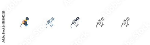 Hand holding a microphone - three variations in color  This image features three variations of a hand holding a microphone, in various shades of blue, gray, and black.