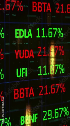 Stock market data animation with changing percentages and ticker symbols over dark background