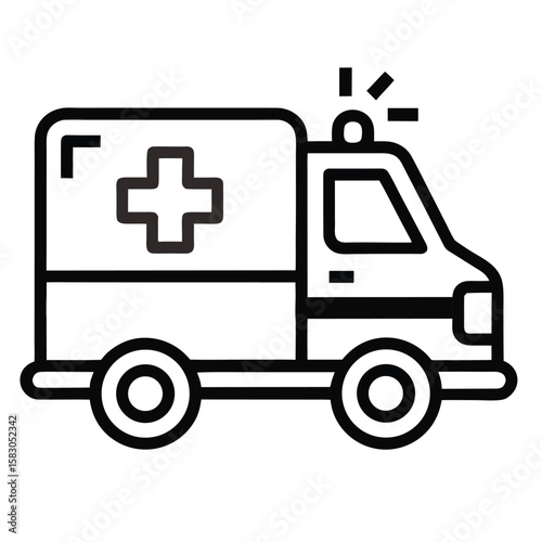 Simple flat icon of an ambulance with a red cross on white background