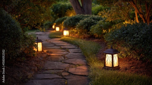 Ultra quality image of solar lanterns illuminate stone garden path at night. Warm lights along pathway through green bushes, trees. Night photography for landscaping, home decor.