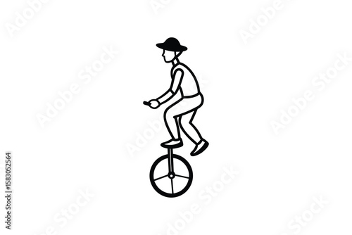 Unicyclist with Hat Riding on One Wheel Balancing Act in Black and White Circus Performer Silhouette person hat rides unicycle depicted simple