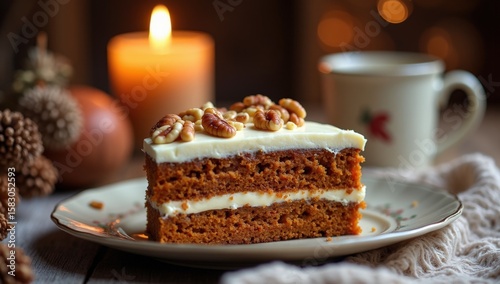 Wallpaper Mural Cozy autumn scene with a slice of carrot cake topped with walnuts and cream cheese frosting, illuminated by a warm candle light. Torontodigital.ca