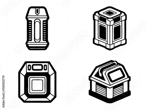 Sci fi futuristic containers and storage units icons set