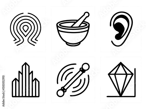 Collection of six distinct black and white line art icons representing various concepts