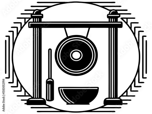 Stylized black and white illustration of a gong and mallet in a circular frame