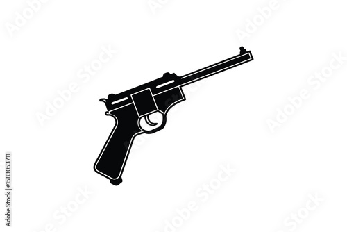Classic Luger Pistol Silhouette Illustration on White Background Featuring a Black Silhouette of a Firearm with a Long Barrel and Distinctive Design silhouette