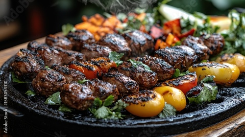 Grilled meat and vegetables on a dark griddle