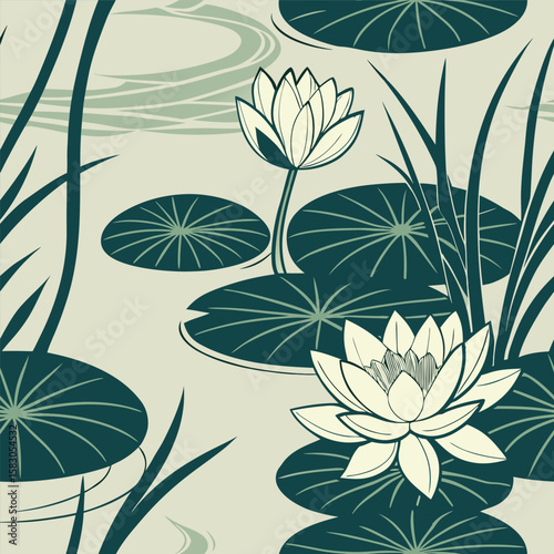 Elegant floral water lily pattern in serene teal and creamy white color tones