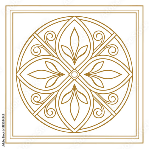 Elegant geometric floral design with decorative lines and symmetric arrangement in outline style