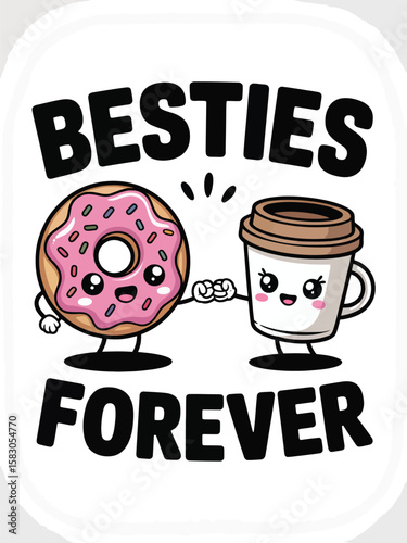 Cute kawaii donut and coffee cup fist bumping together besties forever Vector Graphic T Shirt Design