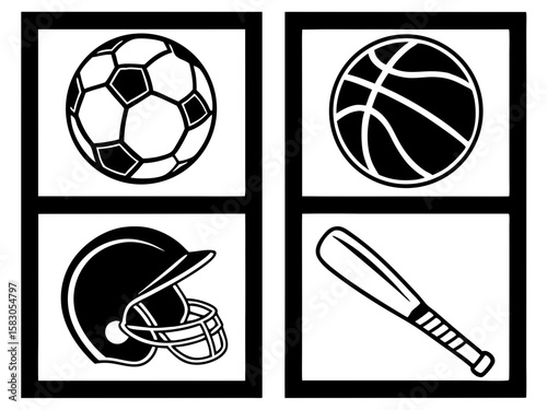 Collection of sports equipment icons featuring soccer ball basketball helmet and baseball bat