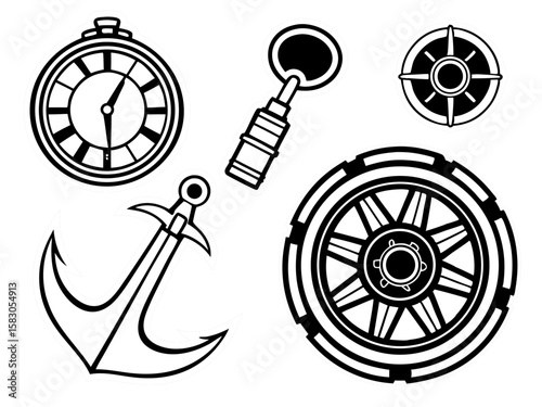 Nautical symbols collection anchor compass pocket watch and ship s wheel