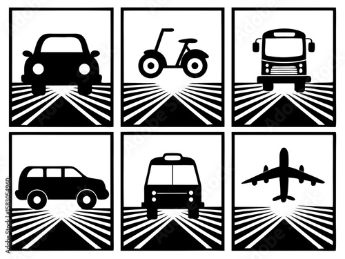 Diverse modes of transportation depicted on stylized roads in a graphic layout