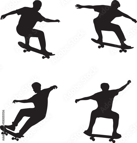 Skateboarder silhouette set, skateboarder performing tricks and jumps, skateboarder collection silhouette logo vector illustration